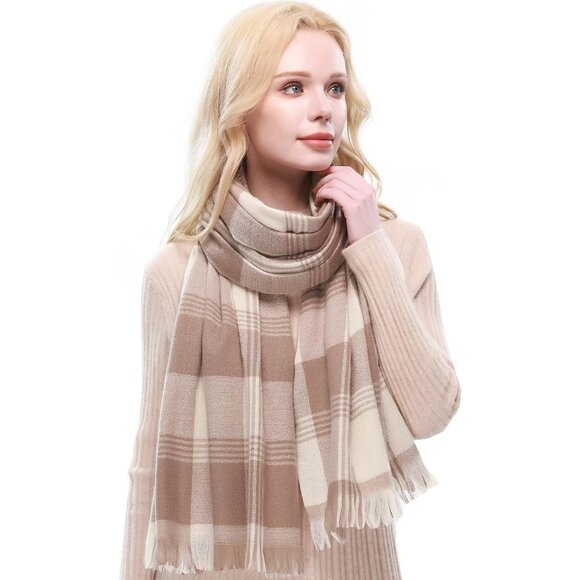 Women Cream Fall Winter Pashmina Scarves Wraps Plaid Scarf for